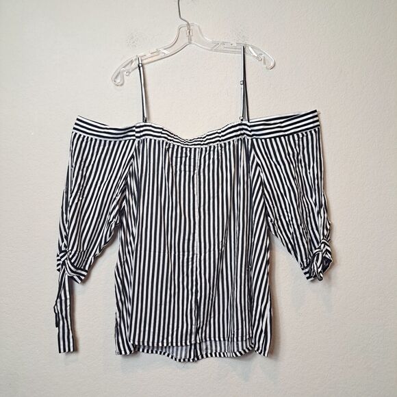 Miss Lili Plus Size Off-Shoulder Black White Striped Button-Front Blouse 3X NWT - Picture 5 of 8